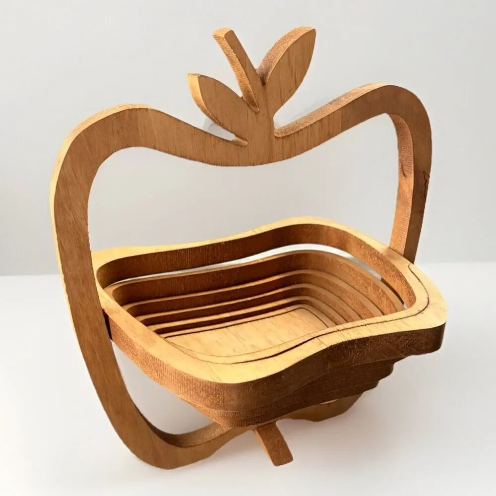 Collapsible Wooden Dry Fruit Basket Apple Shaped Kitchen Storage